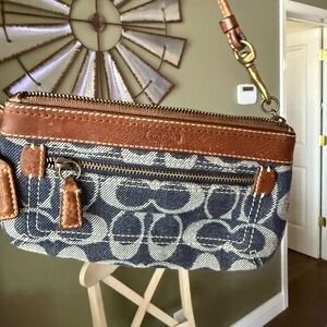 Coach Denim Navy Signature Canvas Wristlet with Brown Leather Trim